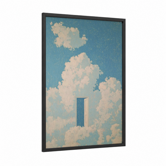 Heavenly Door framed art print — black wood frame — blue and white palette