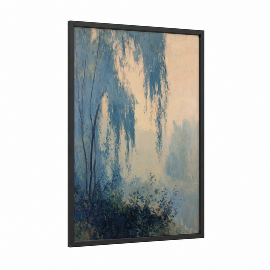 Misty Willow Forest framed art print — black wood frame — blue and cream palette