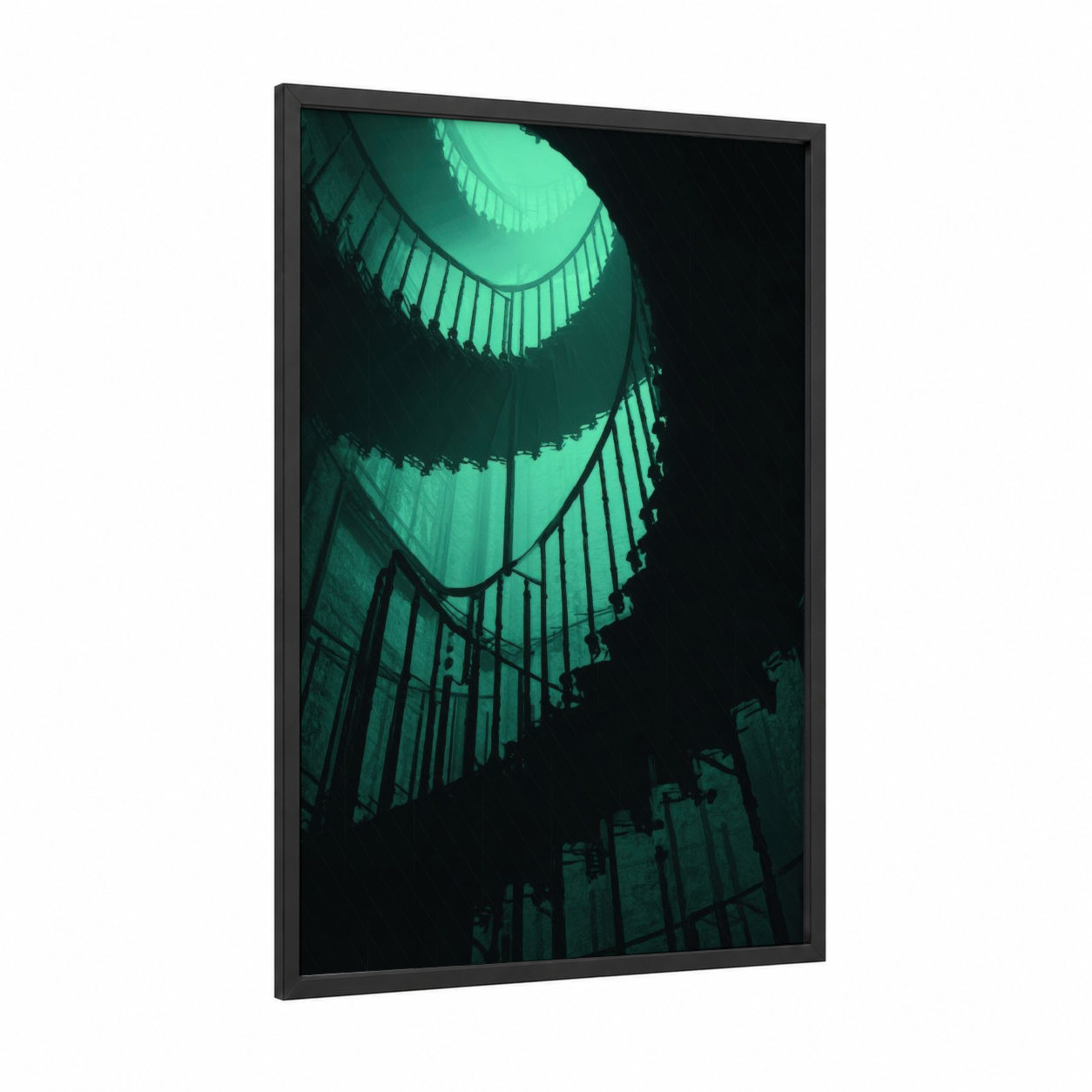 Spiral Staircase Descent framed art print — black wood frame — teal and black palette