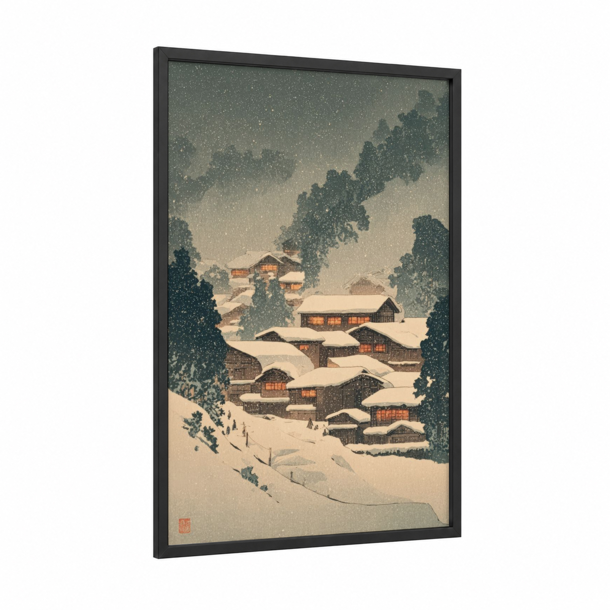 Snowy Village Vista framed art print — black wood frame — cream and dark green palette