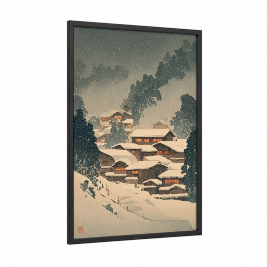 Snowy Village Vista framed art print — black wood frame — cream and dark green palette