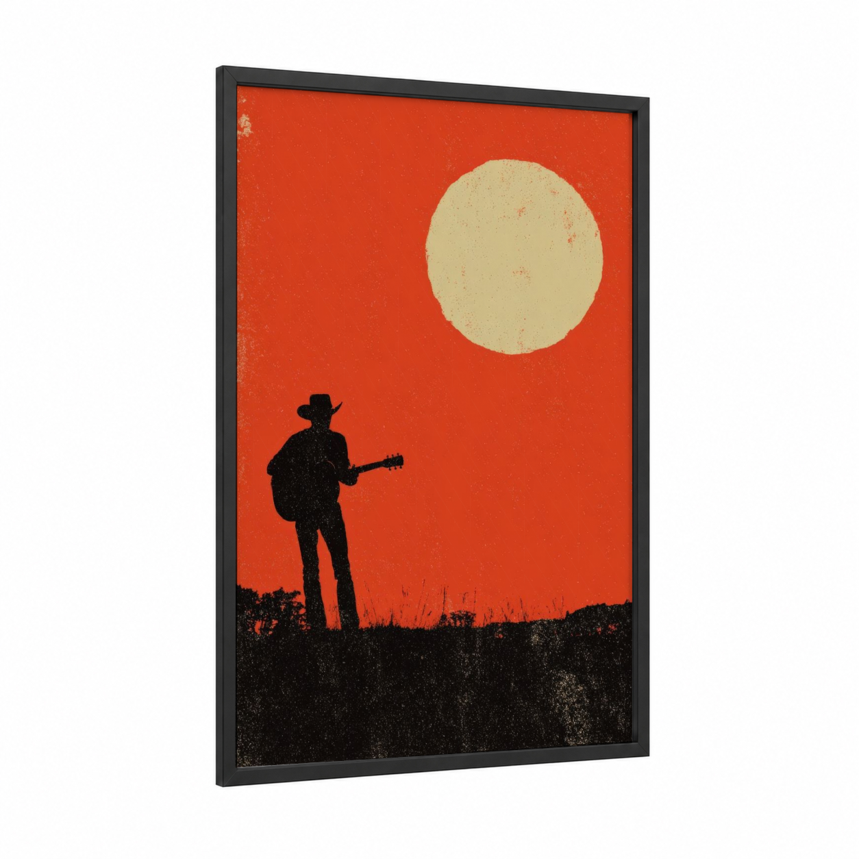 Desert Musician framed country print — black wood frame — red and cream palette
