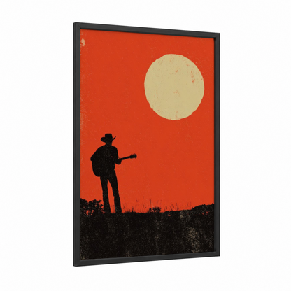 Desert Musician framed country print — black wood frame — red and cream palette