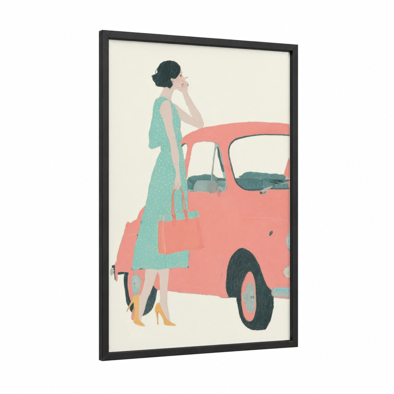 Retro Road Trip framed fashion illustration print — black wood frame — salmon pink and light green palette