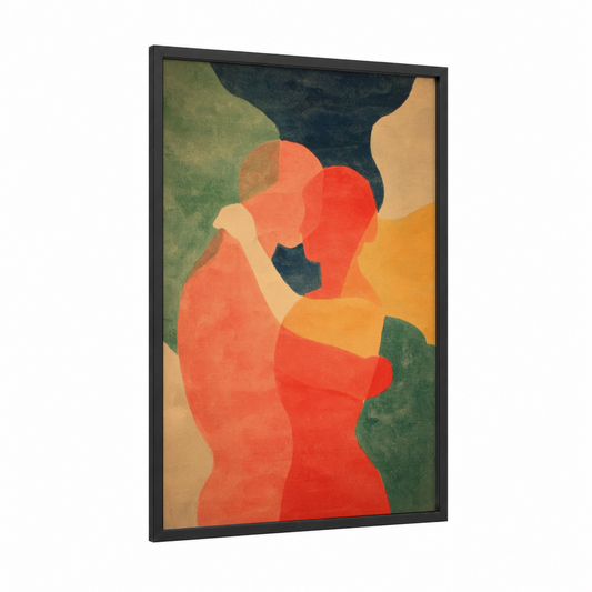 Embracing Warmth framed couple print — black wood frame — red and gold palette