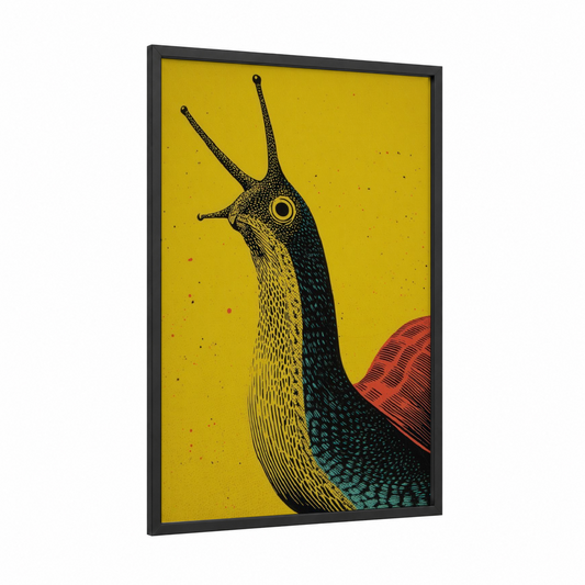 Golden Snail framed art print — black wood frame — yellow gold and black palette