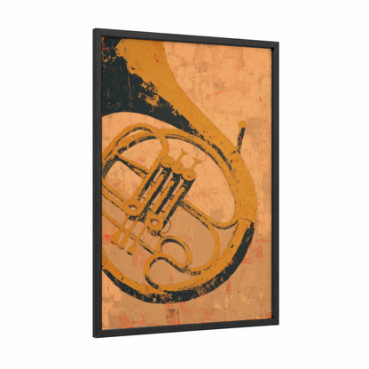 Vintage French Horn framed art print — black wood frame — gamboge and black palette