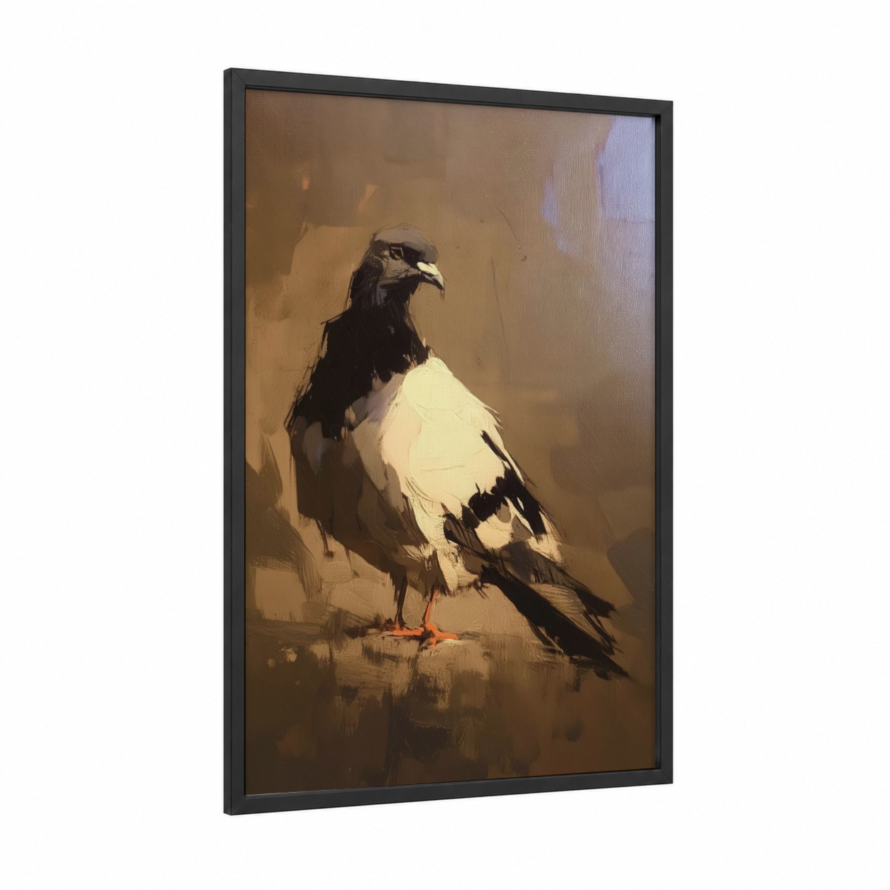 Majestic Pigeon Portrait framed art print — black wood frame — cream and brown palette