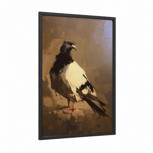 Majestic Pigeon Portrait framed art print — black wood frame — cream and brown palette