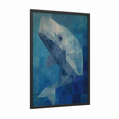 Azure Whale framed sperm whale print — black wood frame — blue and blue and white palette