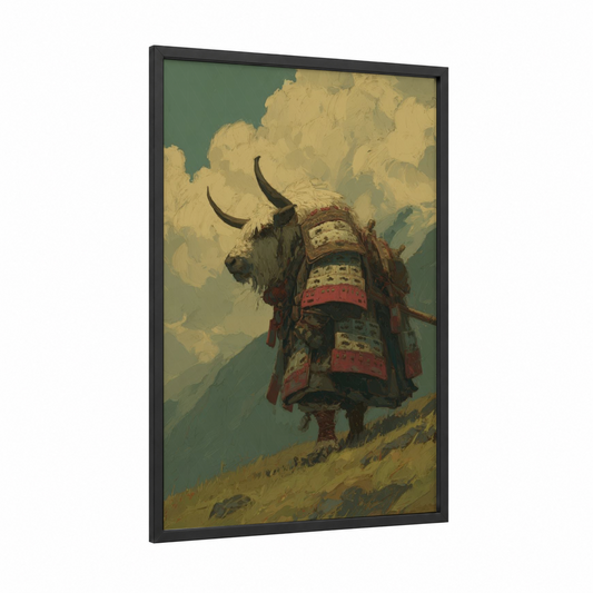 Mountain Yak framed art print — black wood frame — gold and teal palette