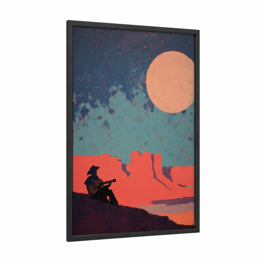 Desert Guitarist framed country print — black wood frame — teal and peach palette