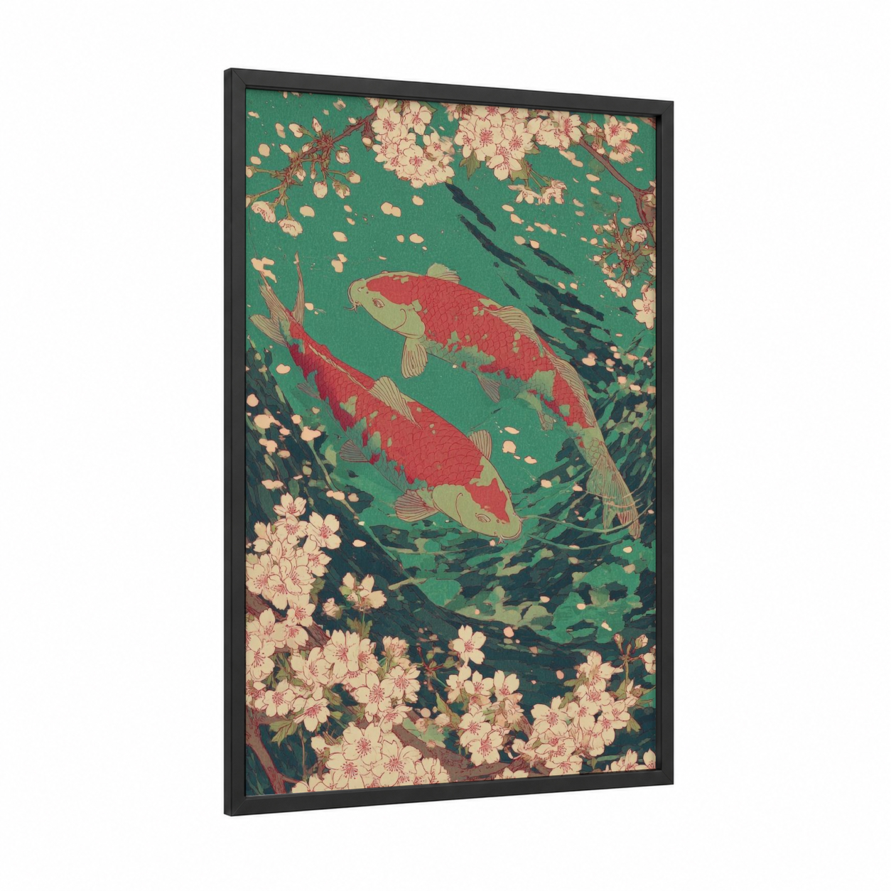 Celestial Koi Pisces framed art print — black wood frame — green and red palette
