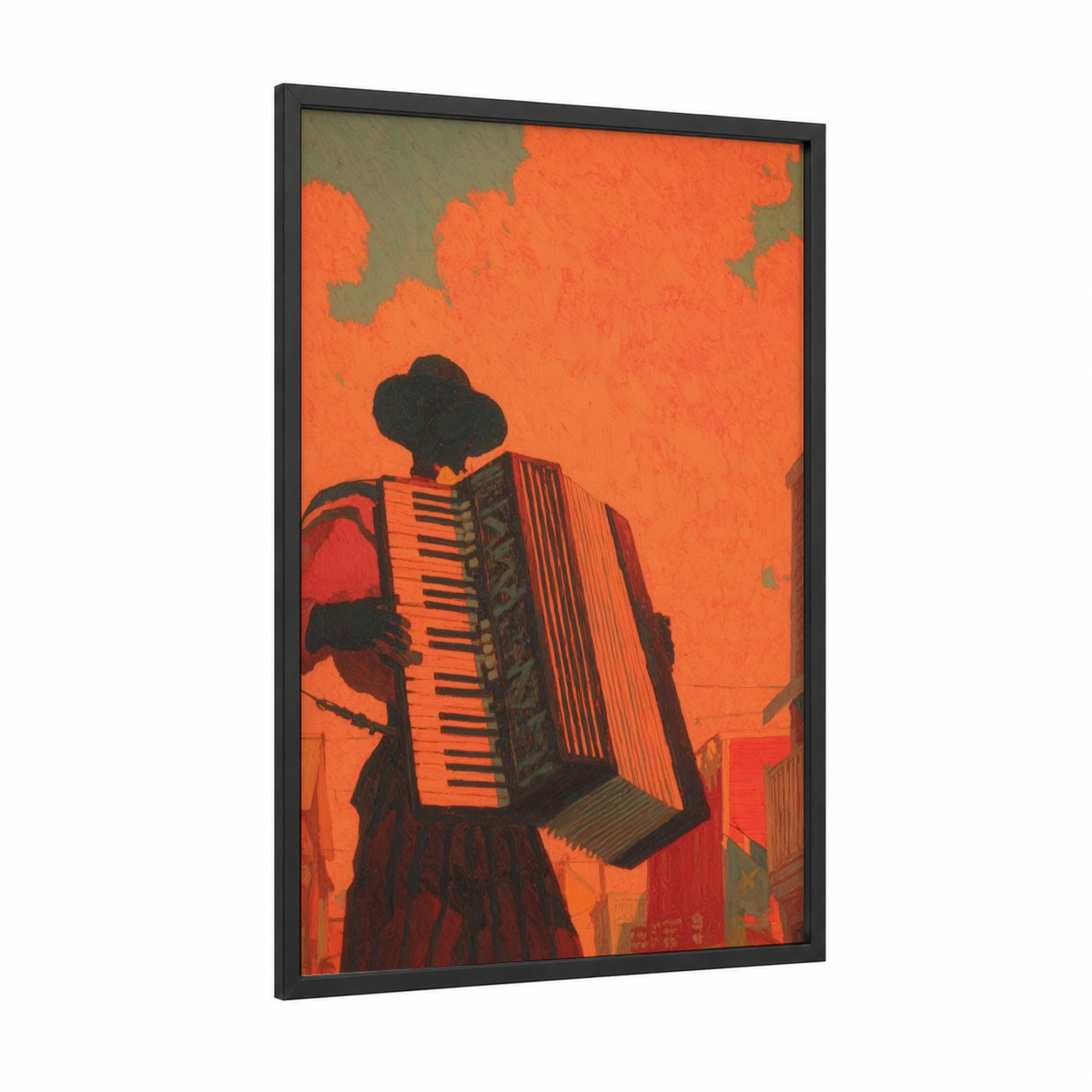 Sunset Accordion framed art print — black wood frame — orange and black palette