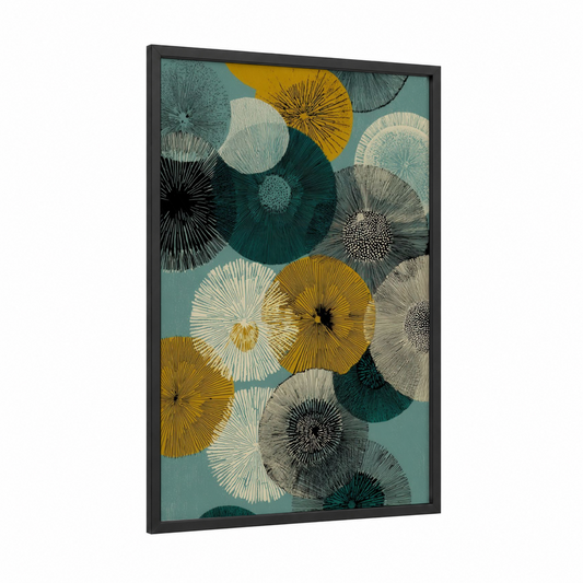 Golden Sea Urchin framed art print — black wood frame — teal and gold palette