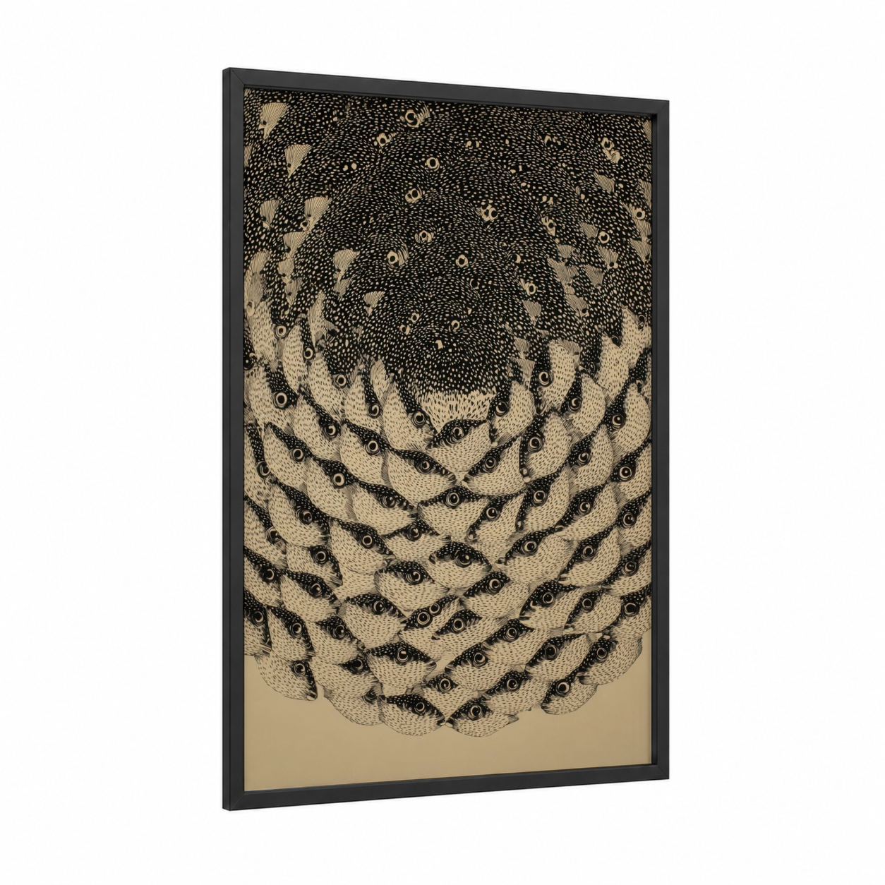 Spotted Puffer Fish framed art print — black wood frame — cream and black palette