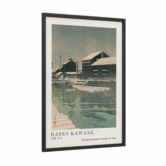 Snowy River Mill framed rivers print — black wood frame — sage green and cream palette
