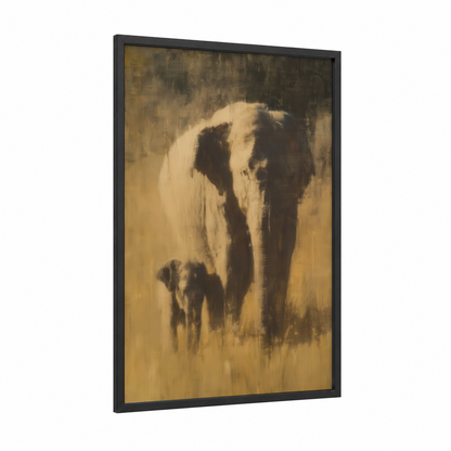 Golden Elephant framed asian elephant print — black wood frame — gold and brown palette