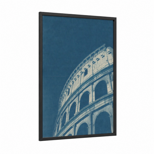 Ancient Colosseum framed art print — black wood frame — blue and white palette