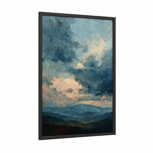 Stormy Mountain Peaks framed blue ridge mountains print — black wood frame — blue and peach palette