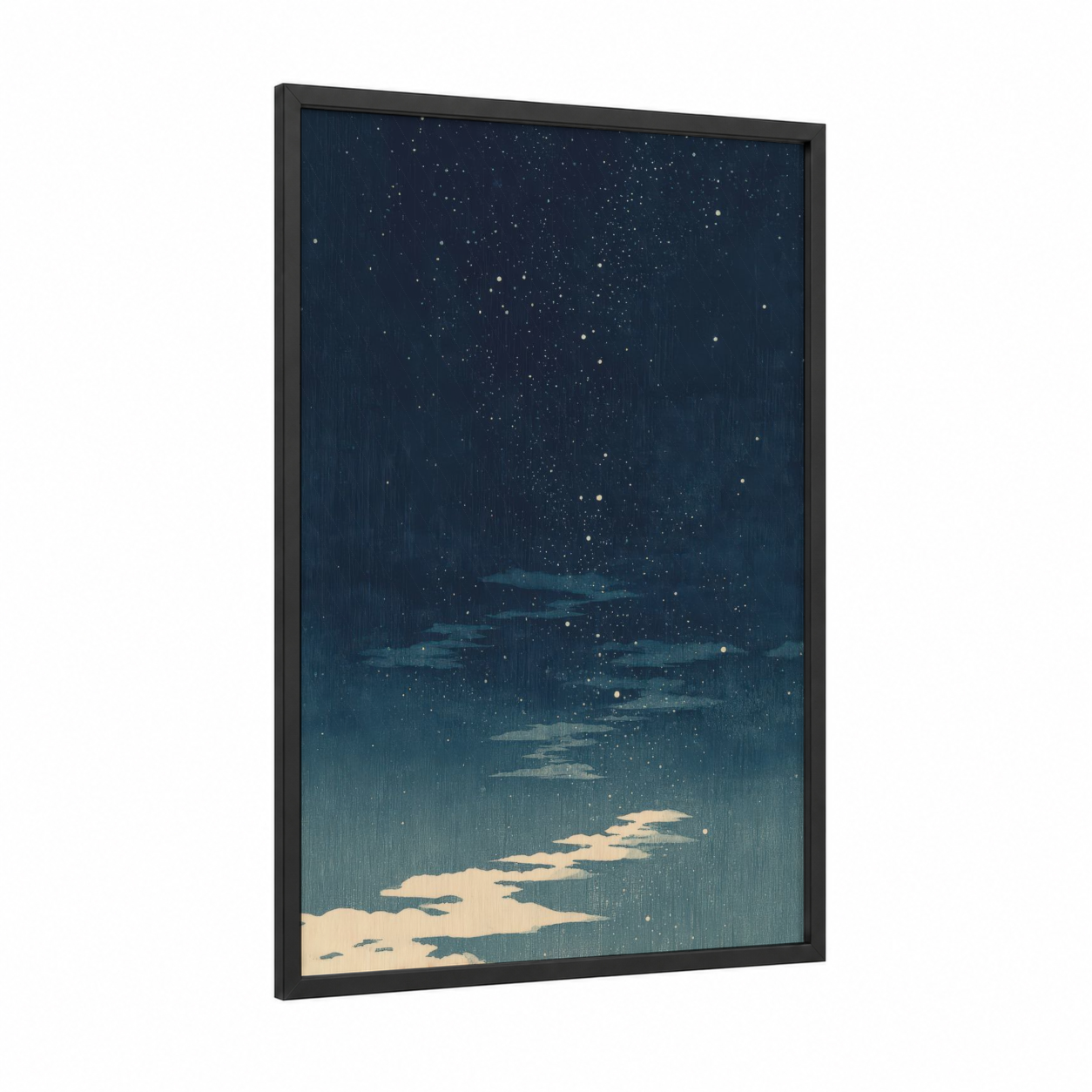 Starlit Night Sky framed art print — black wood frame — dark blue and blue and white palette