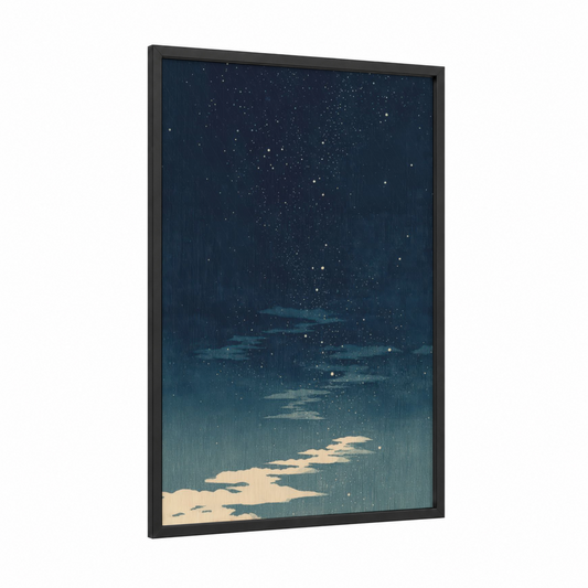 Starlit Night Sky framed art print — black wood frame — dark blue and blue and white palette