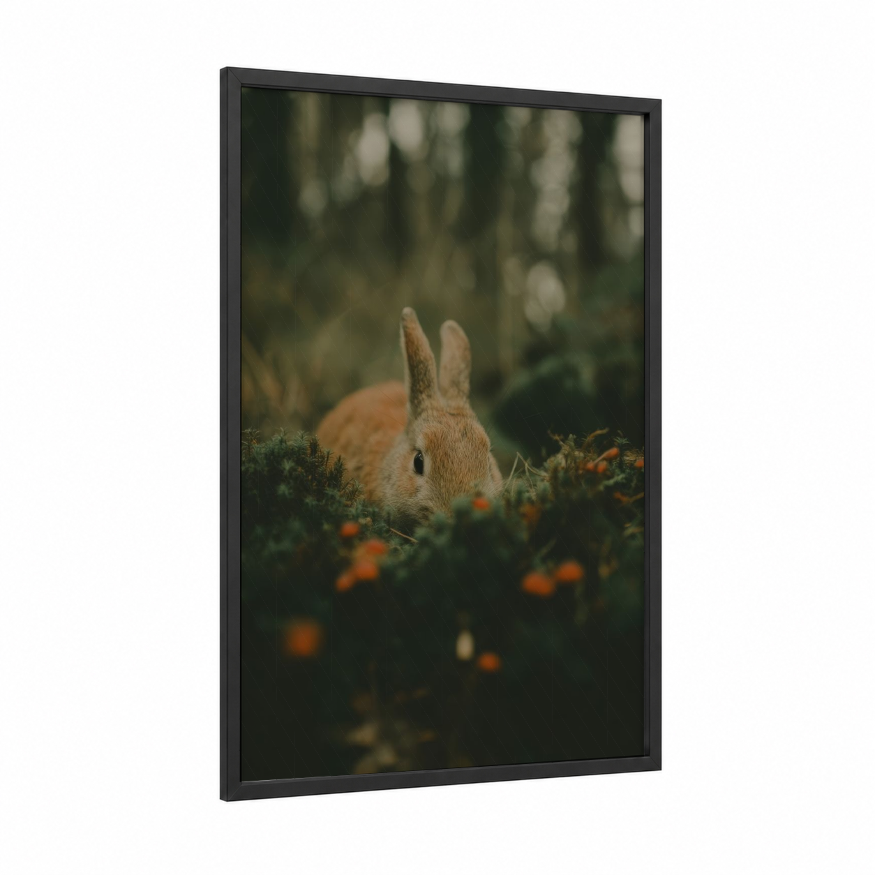 Forest Rabbit framed art print — black wood frame — green and brown palette