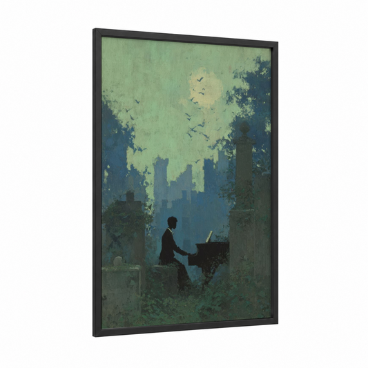 Abandoned Pianist framed piano print — black wood frame — light green and dark blue palette