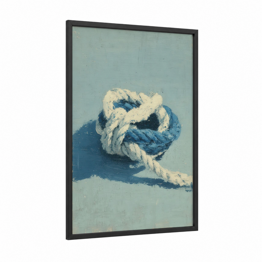 Nautical Knot Study framed rope knots print — black wood frame — blue and cream palette