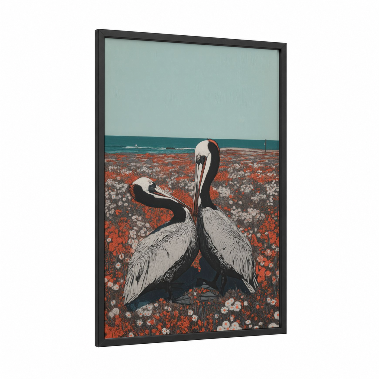 Coastal Pelican Pair framed art print — black wood frame — red and teal palette
