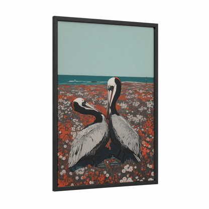 Coastal Pelican Pair framed art print — black wood frame — red and teal palette