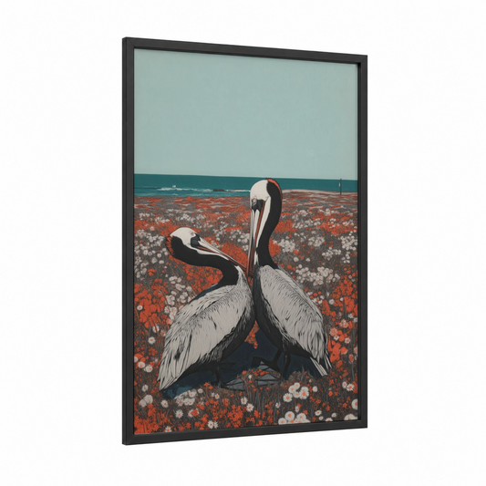 Coastal Pelican Pair framed art print — black wood frame — red and teal palette