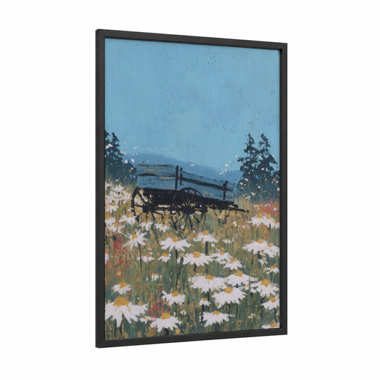 Wildflower Wagon framed art print — black wood frame — blue and green palette