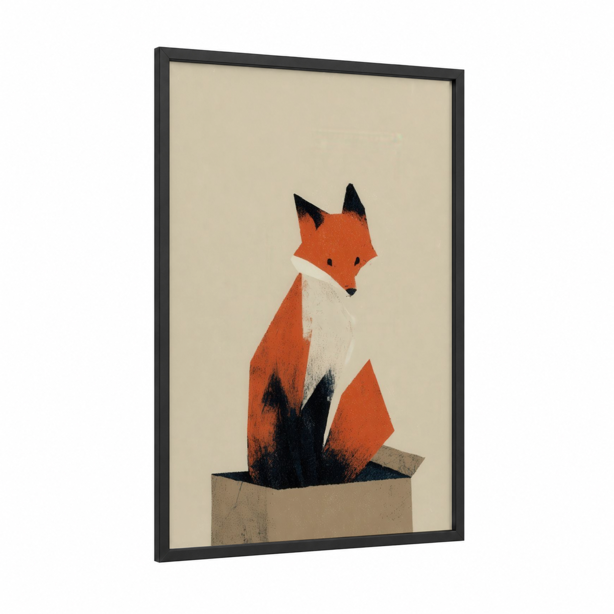 Contemplative Fox framed art print — black wood frame — orange and cream palette