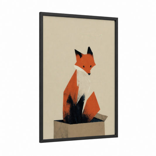 Contemplative Fox framed art print — black wood frame — orange and cream palette
