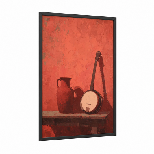 Rustic Banjo Still Life framed art print — black wood frame — red and peach palette