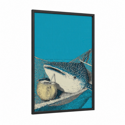 Netted Whale Shark framed art print — black wood frame — turquoise and cream palette