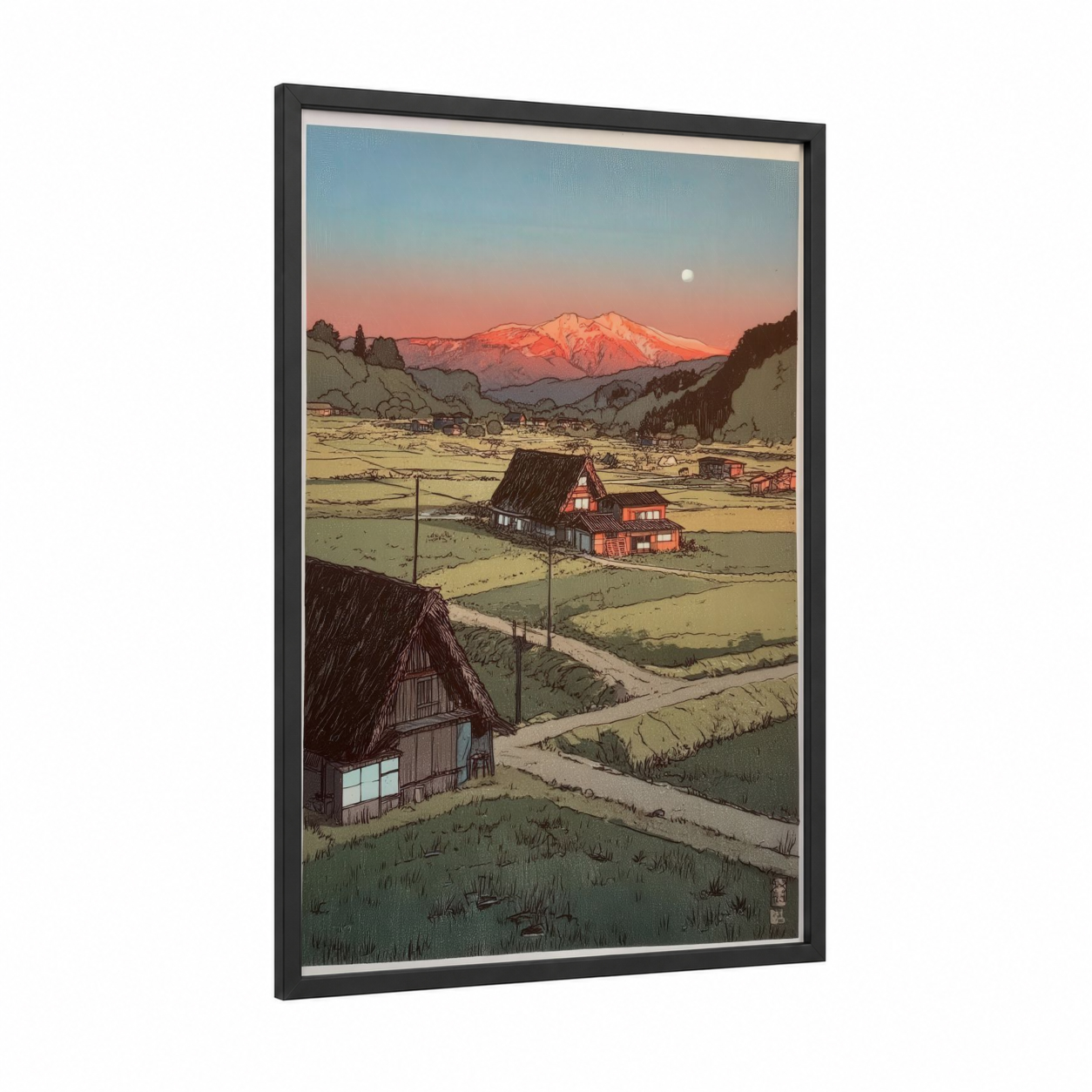 Snowy Mountain Village framed various landscapes print — black wood frame — salmon pink and true green palette