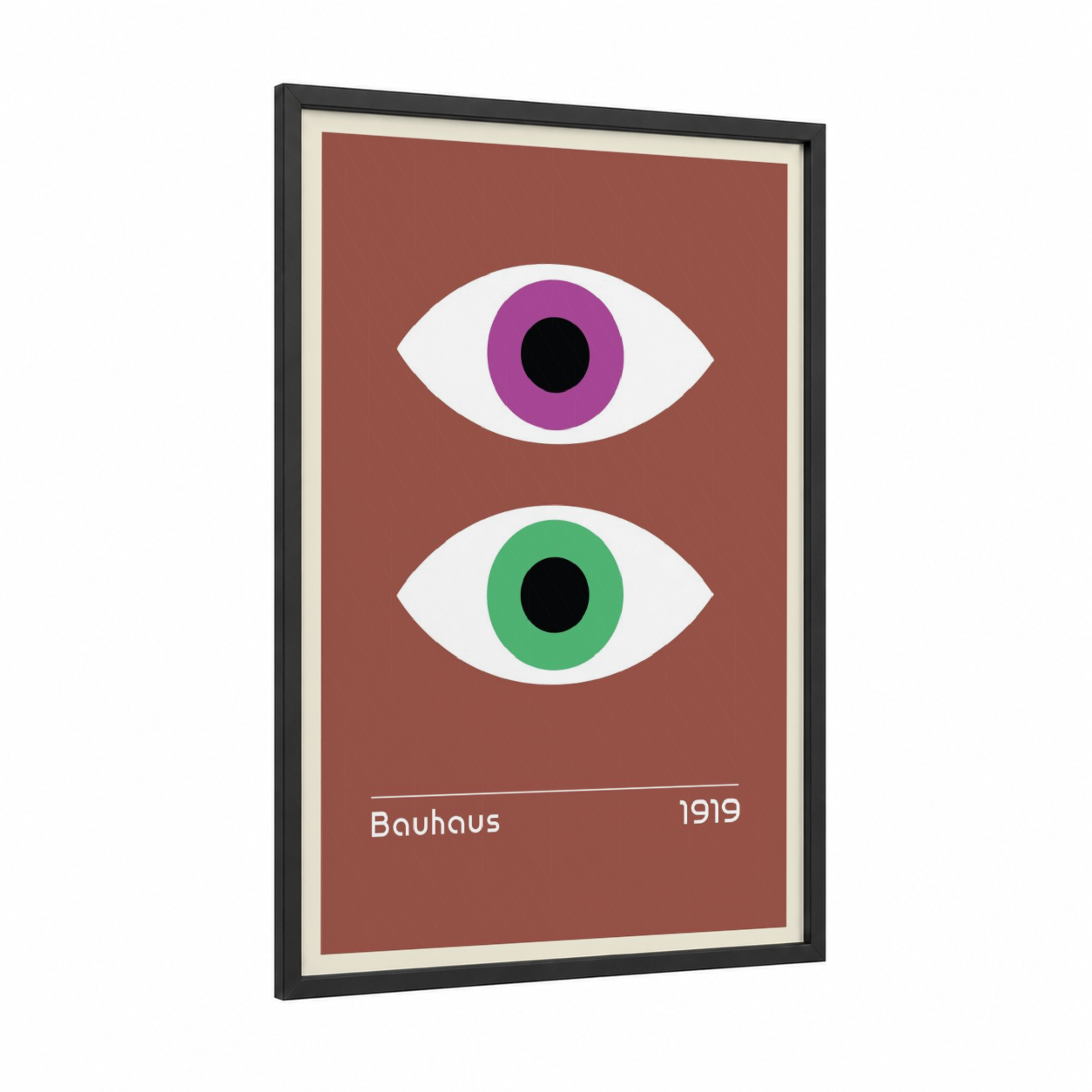 Dual Vision Eyes framed abstract geometric print — black wood frame — magenta and russet palette