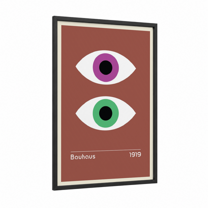 Dual Vision Eyes framed abstract geometric print — black wood frame — magenta and russet palette