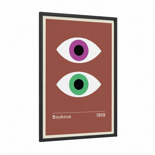 Dual Vision Eyes framed abstract geometric print — black wood frame — magenta and russet palette