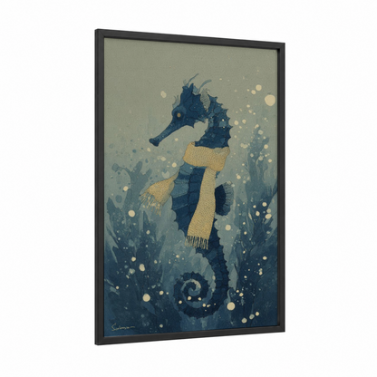 Cozy Seahorse framed sea horse print — black wood frame — dark blue and gold and white palette
