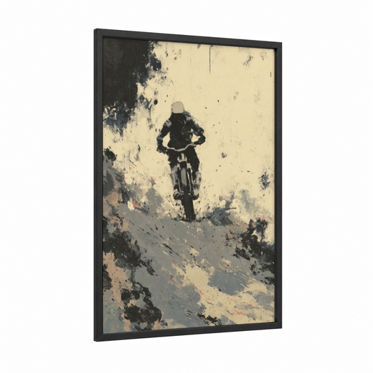 Motocross Rider framed art for boy print — black wood frame — black and white and beige palette