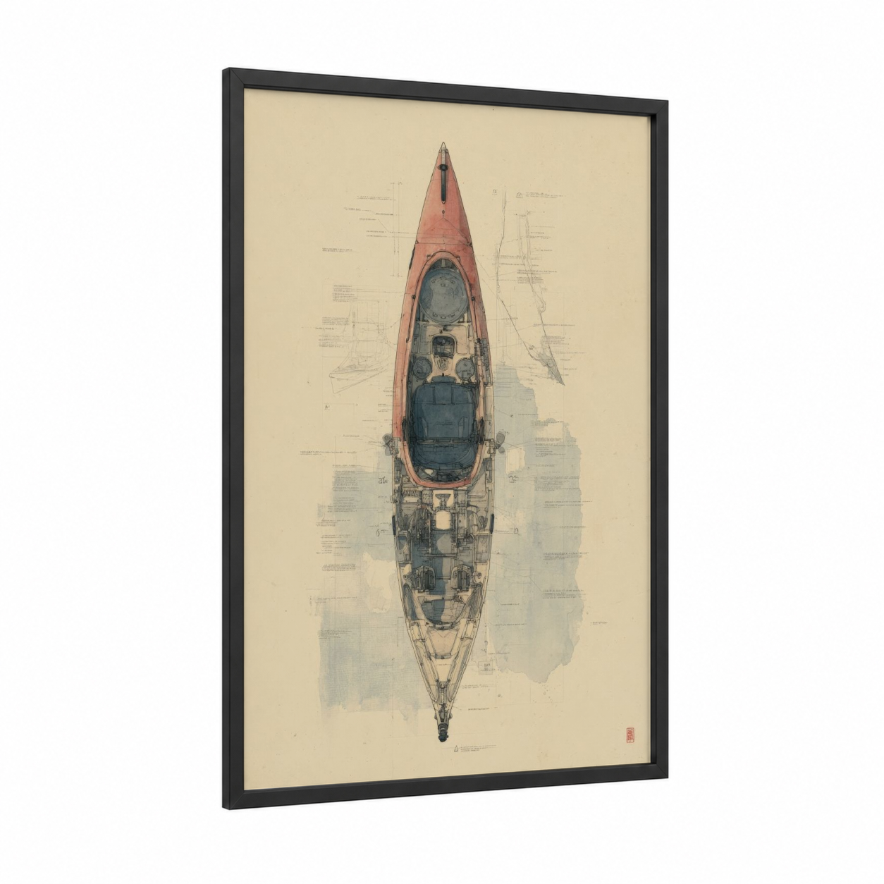 Crimson Kayak Blueprint framed kayaks and canoes print — black wood frame — russet and cream palette
