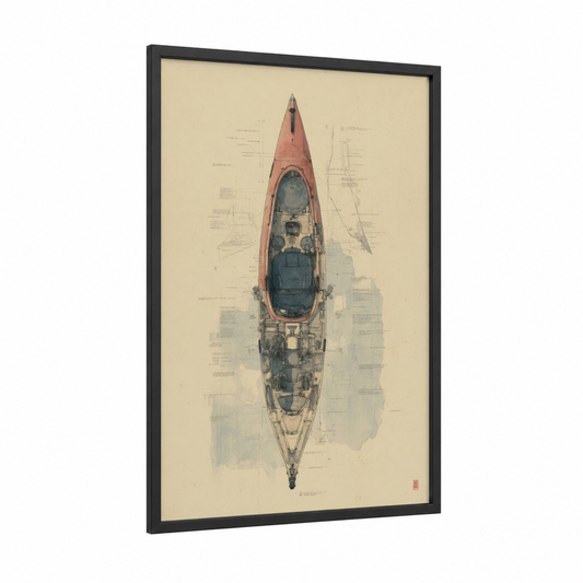 Crimson Kayak Blueprint framed kayaks and canoes print — black wood frame — russet and cream palette