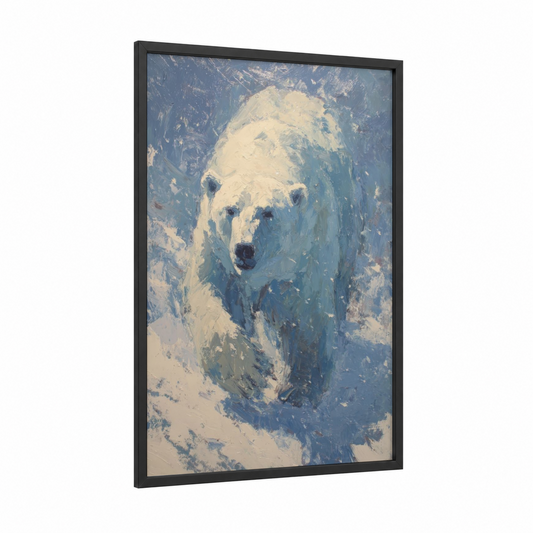 Snowy Polar Bear framed art print — black wood frame — blue and white and cream palette