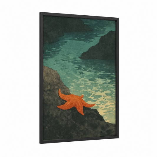 Crimson Tide Starfish framed art print — black wood frame — teal and orange palette