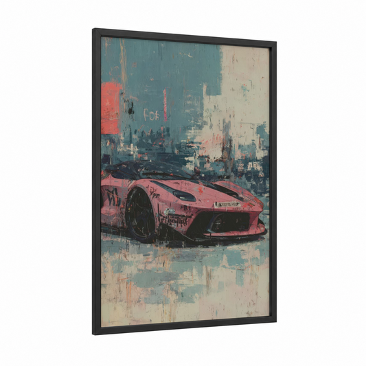 Pink Urban Speedster framed sports car print — black wood frame — salmon pink and bermuda gray palette