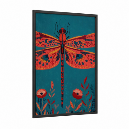 Coral Dragonfly framed art print — black wood frame — teal and red palette