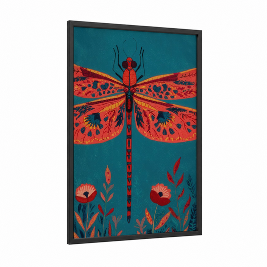 Coral Dragonfly framed art print — black wood frame — teal and red palette